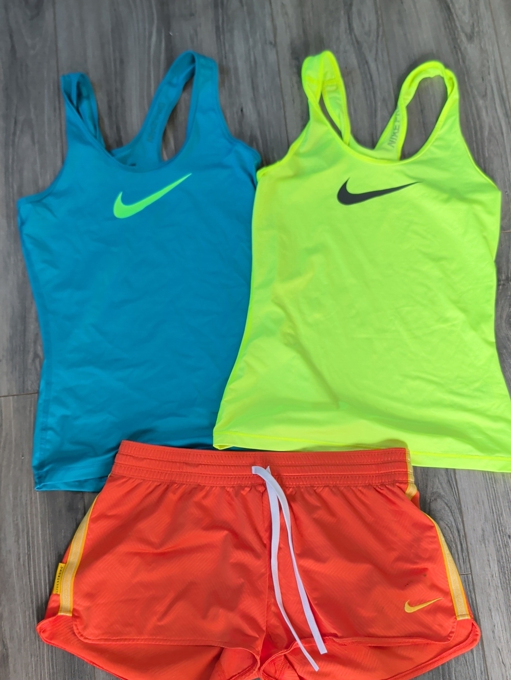 Nike Women's Neon Yellow & Teal Drinfit Athletic Tanks with Orange Shorts